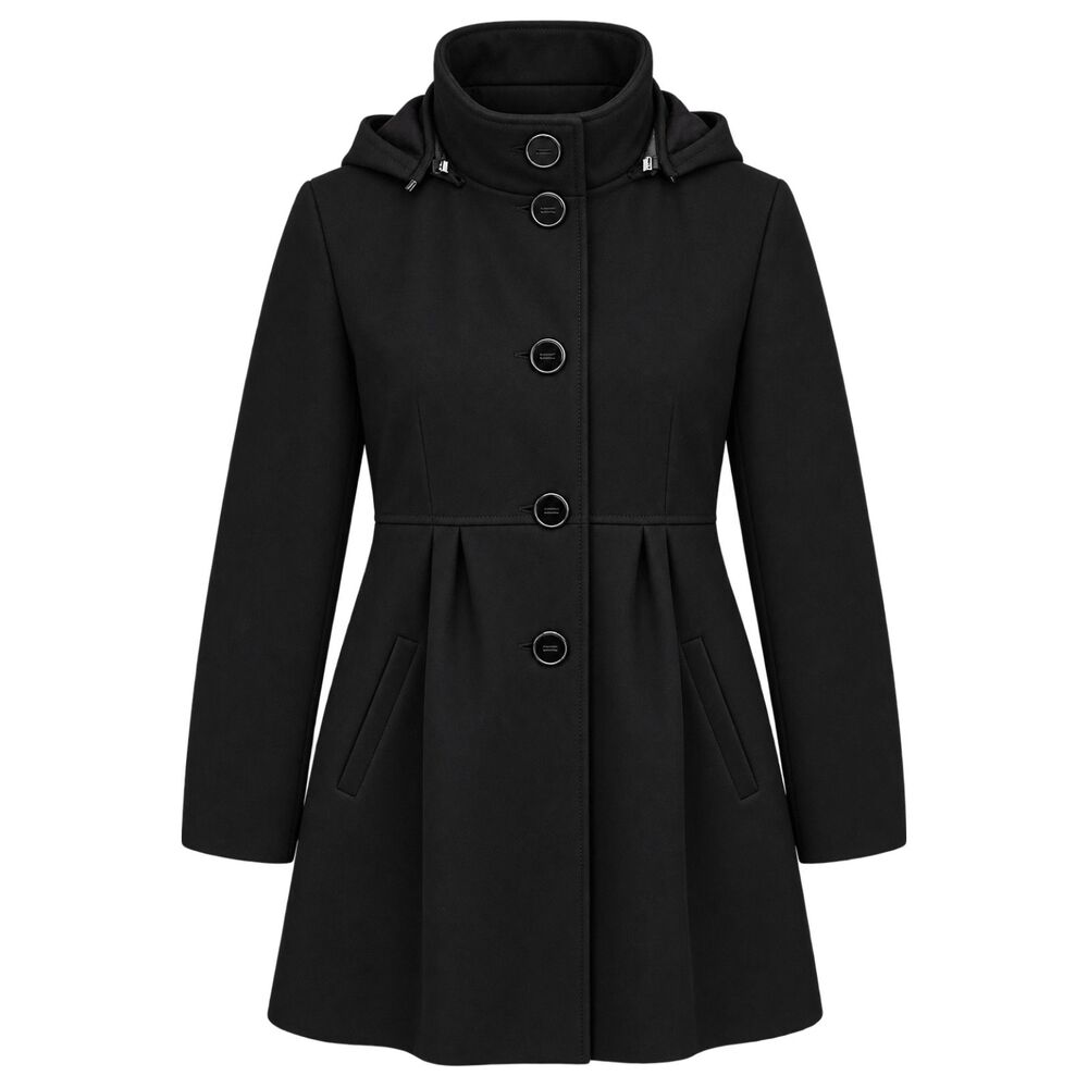 Kenneth Cole New York Black Wool Blend Swing Coat Size 8 Hooded Funnel Neck - Picture 4 of 8